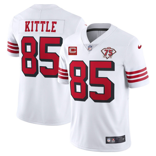 Men's San Francisco 49ers #85 George Kittle 2021 White With C Patch 75th Anniversary Vapor Untouchable Limited Stitched Jersey Men's San Francisco 49ers #85 George Kittle 2021 White With C Patch 75th Anniversary Vapor Untouchable Limited Stitched Jersey
